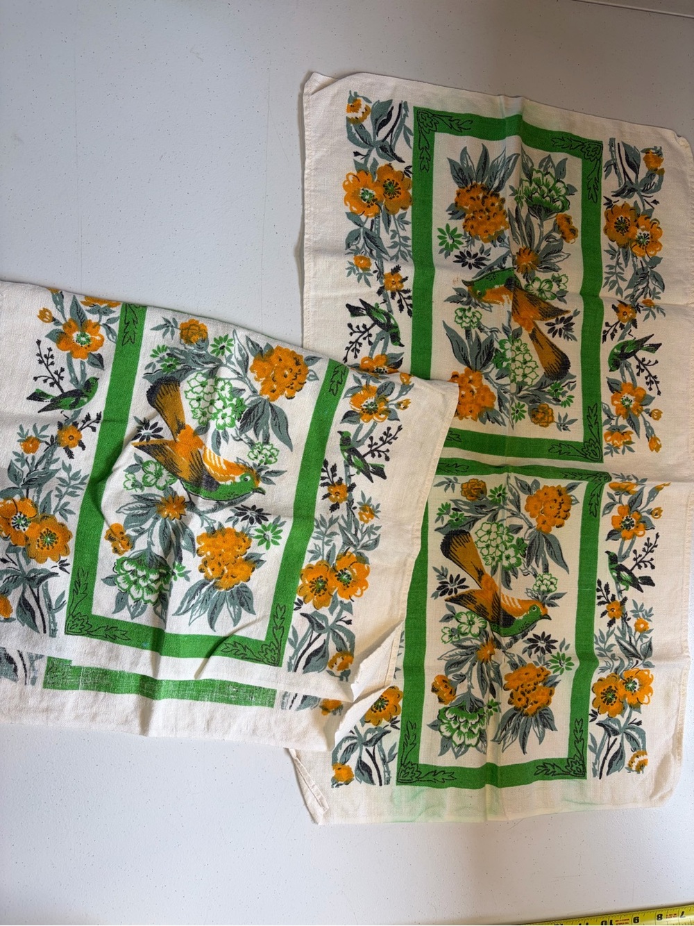 Vintage Bird Floral Linen Tea Towels Set Mid Century Kitchen Cottagecore Decor